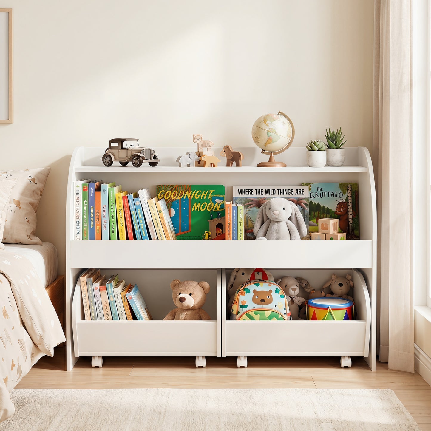 Kids Toy Storage Organizer, 2 Rolling Drawers, 3-Tier Bookshelf, White