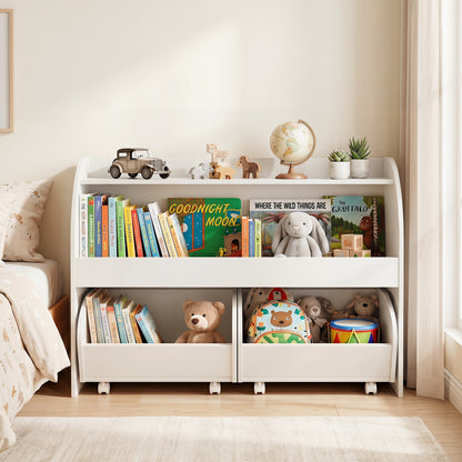 Kids Toy Storage Organizer, 2 Rolling Drawers, 3-Tier Bookshelf, White