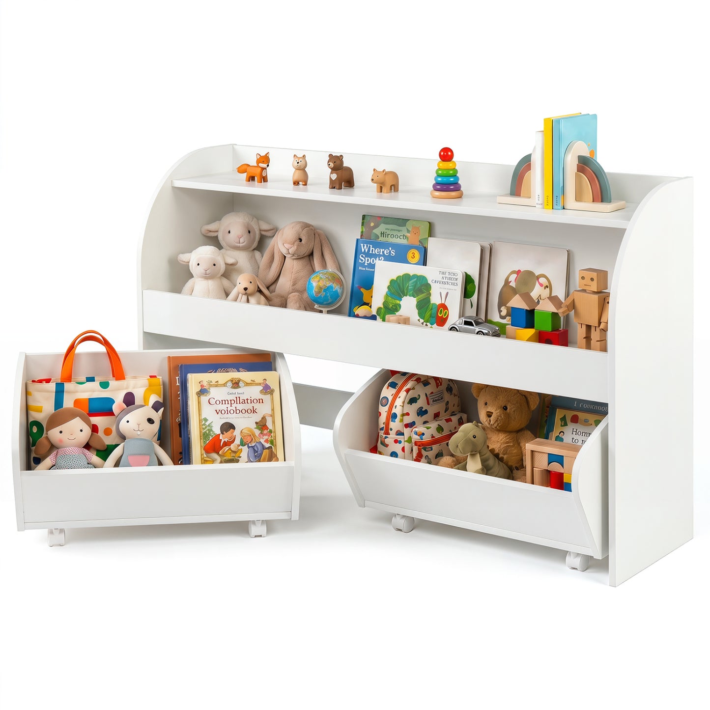 Kids Toy Storage Organizer, 2 Rolling Drawers, 3-Tier Bookshelf, White