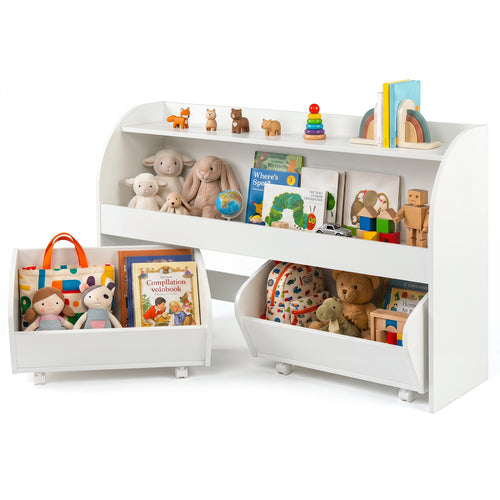 Kids Toy Storage Organizer, 2 Rolling Drawers, 3-Tier Bookshelf, White