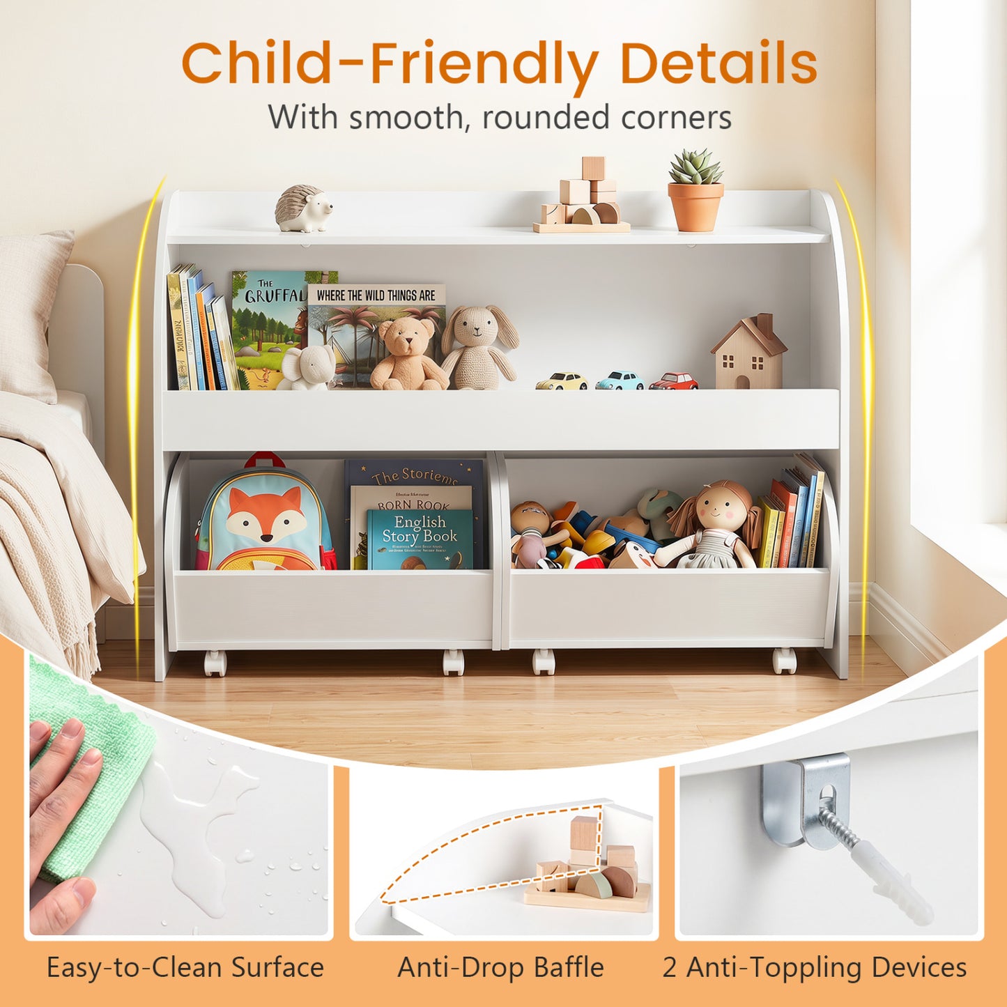 Kids Toy Storage Organizer, 2 Rolling Drawers, 3-Tier Bookshelf, White