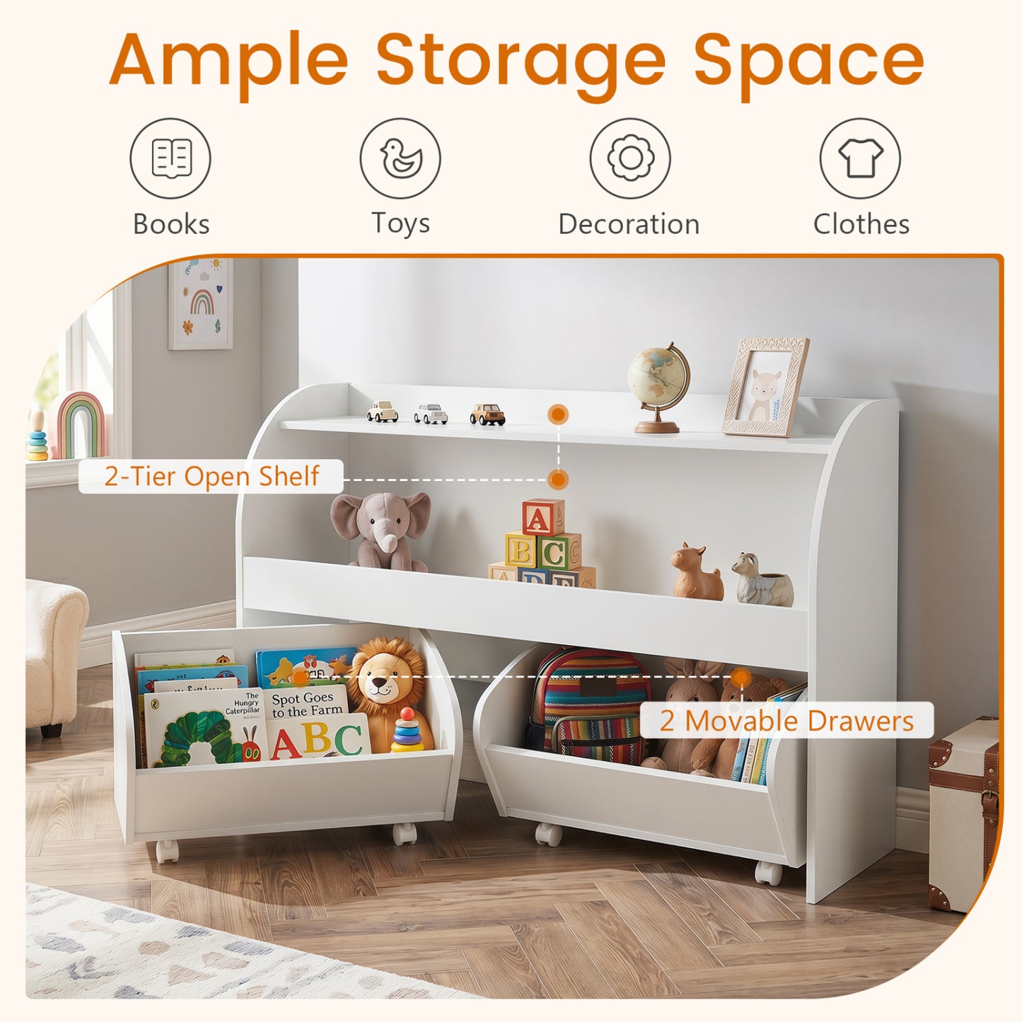 Kids Toy Storage Organizer, 2 Rolling Drawers, 3-Tier Bookshelf, White