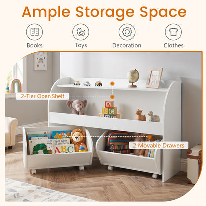 Kids Toy Storage Organizer, 2 Rolling Drawers, 3-Tier Bookshelf, White