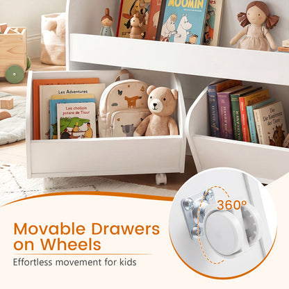 Kids Toy Storage Organizer, 2 Rolling Drawers, 3-Tier Bookshelf, White