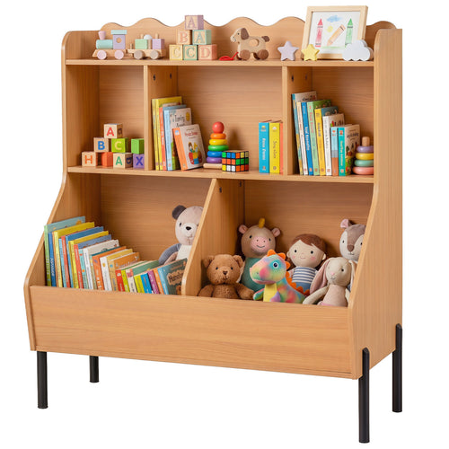 Kids Toy Storage Organizer Wooden Montessori Bookshelf With 5 Cubes, Natural