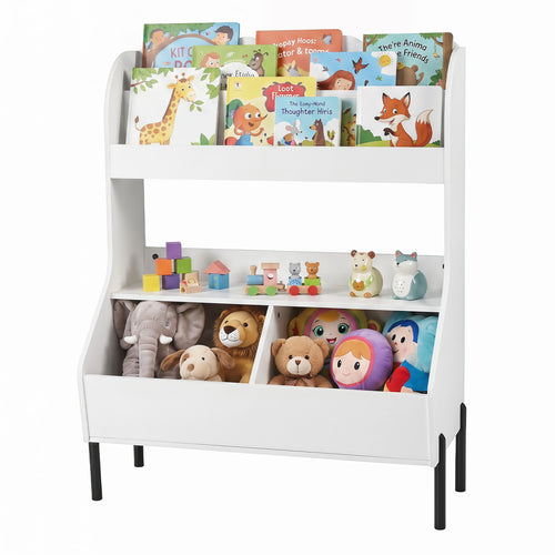 Wooden Montessori Bookshelf with 2 Storage Bins, White
