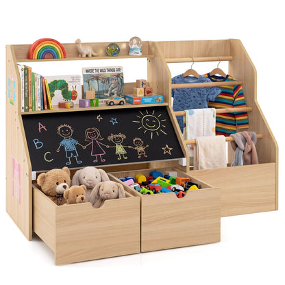 Organisateur de rangement pour jouets pour enfants avec tableau noir à rabat, naturel
