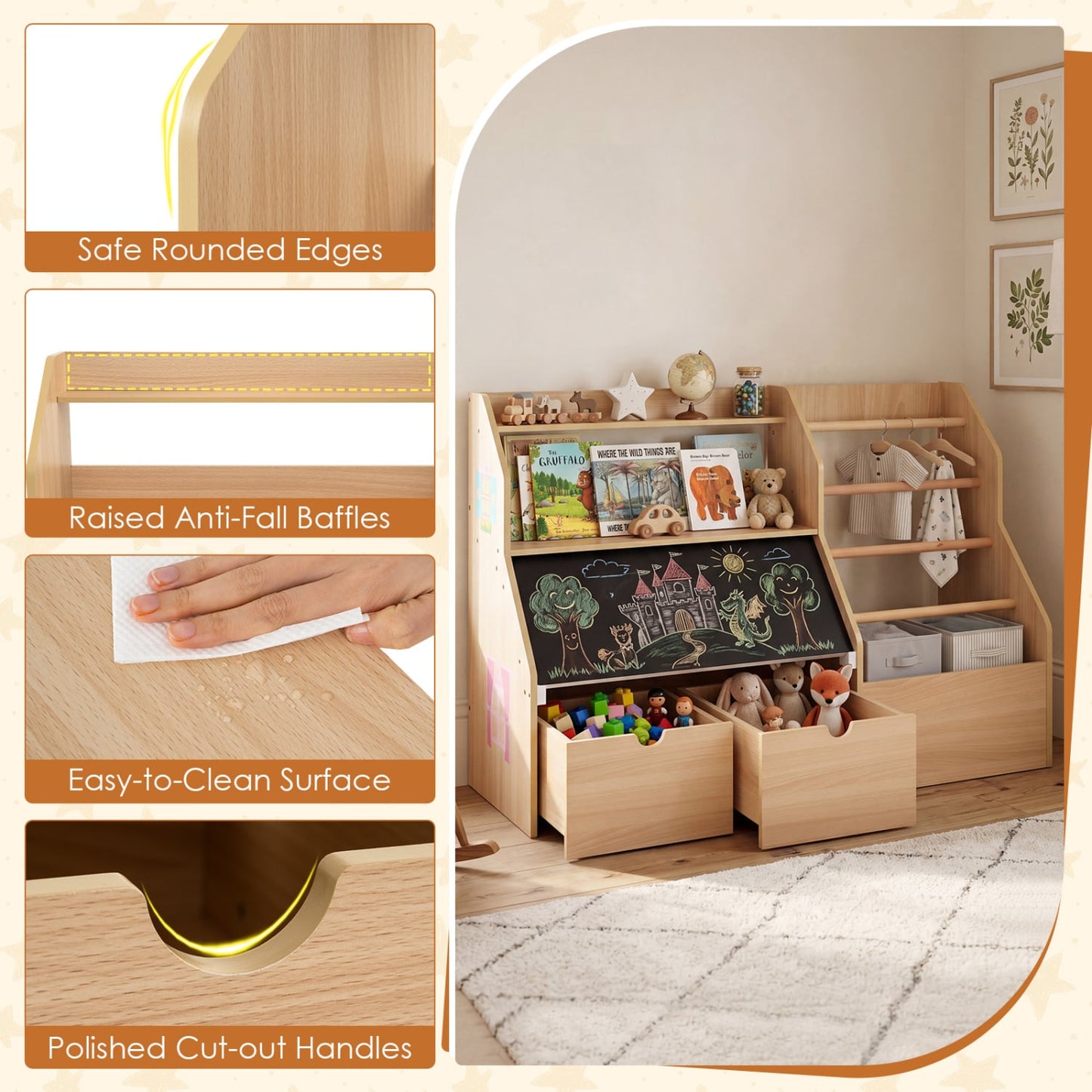 Organisateur de rangement pour jouets pour enfants avec tableau noir à rabat, naturel