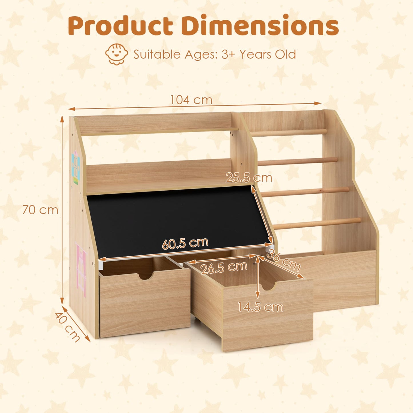 Organisateur de rangement pour jouets pour enfants avec tableau noir à rabat, naturel