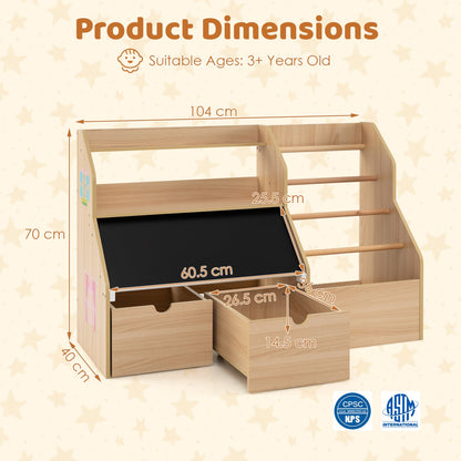 Organisateur de rangement pour jouets pour enfants avec tableau noir à rabat, naturel