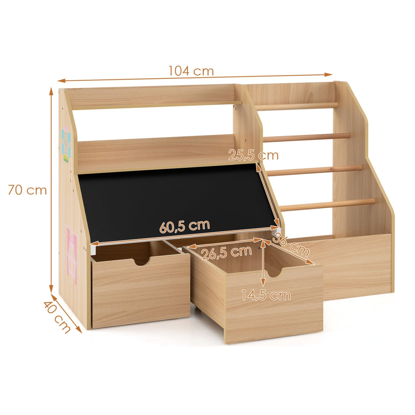 Organisateur de rangement pour jouets pour enfants avec tableau noir à rabat, naturel