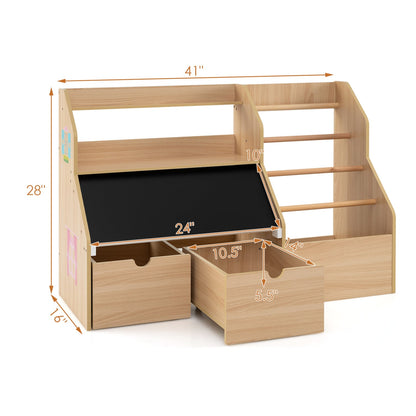 Organisateur de rangement pour jouets pour enfants avec tableau noir à rabat, naturel