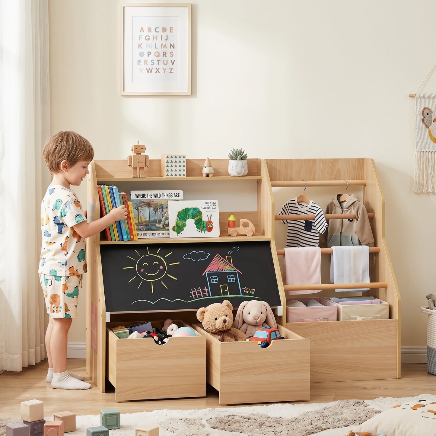 Organisateur de rangement pour jouets pour enfants avec tableau noir à rabat, naturel