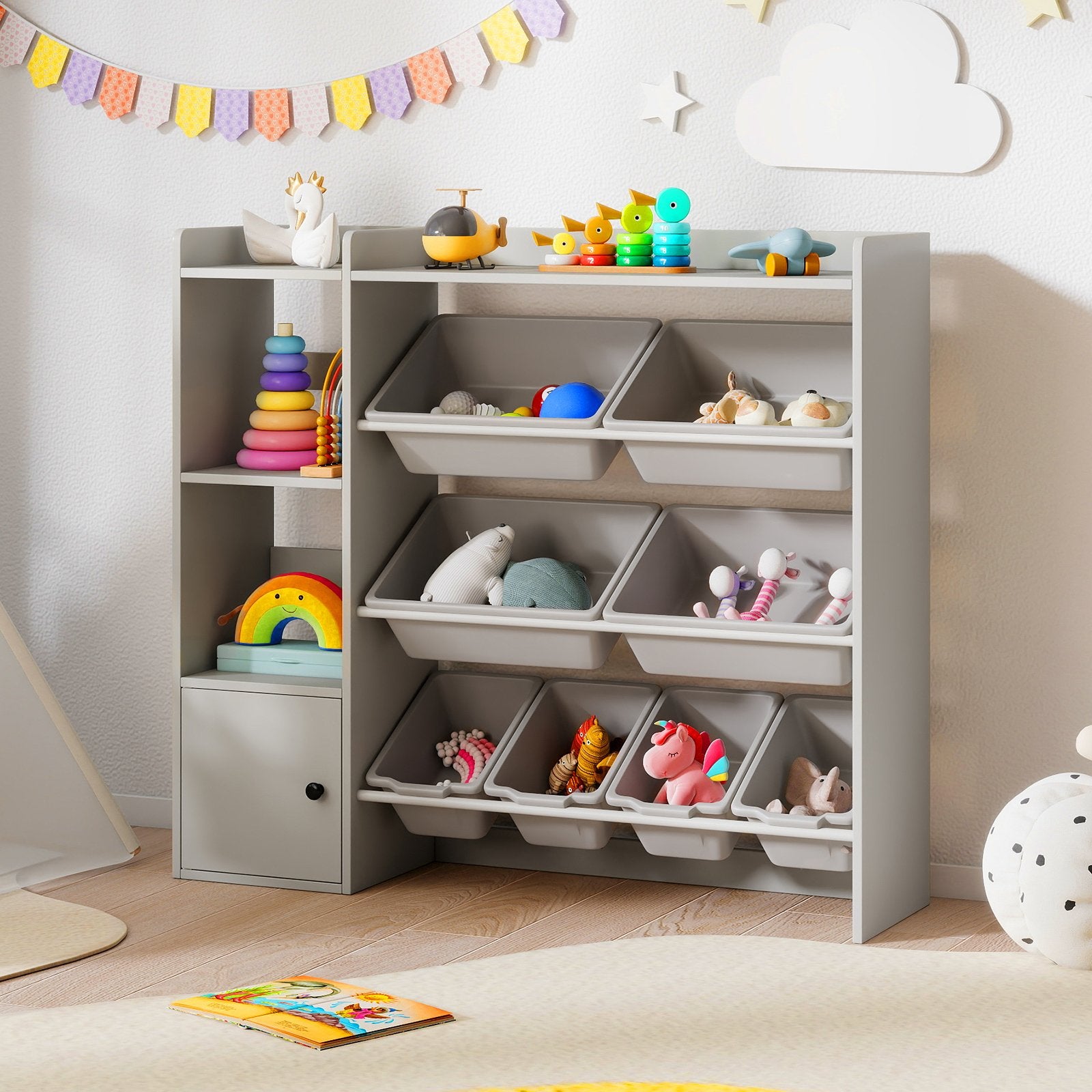 Kids Toy Storage and Bookshelf with Open Shelves and Single-door Cabinet, Gray Kids Storage at Gallery Canada