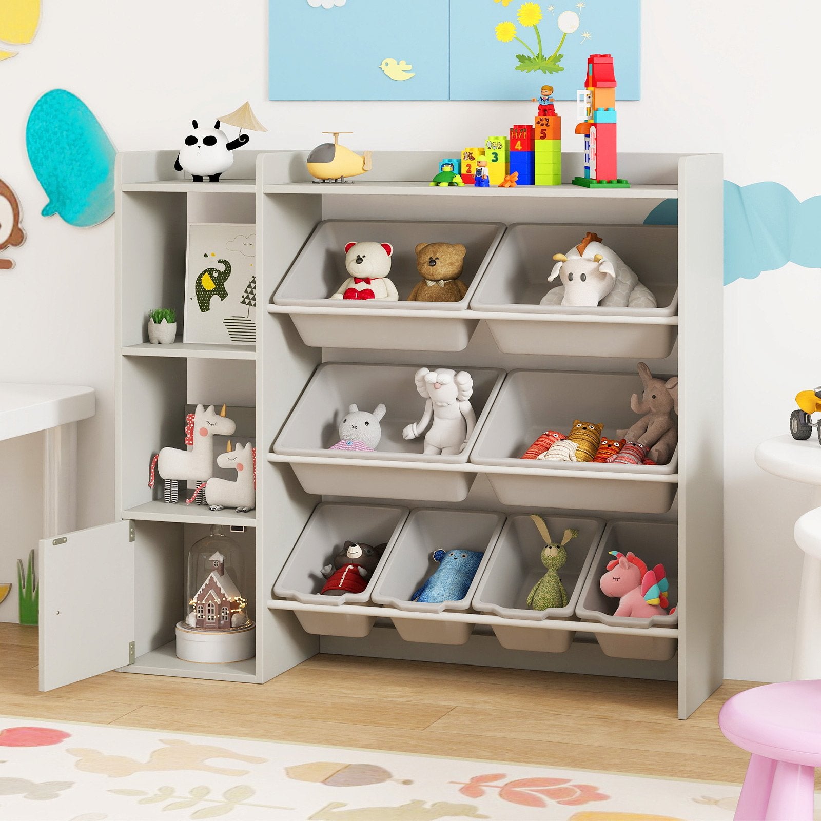 Kids Toy Storage and Bookshelf with Open Shelves and Single-door Cabinet, Gray Kids Storage at Gallery Canada