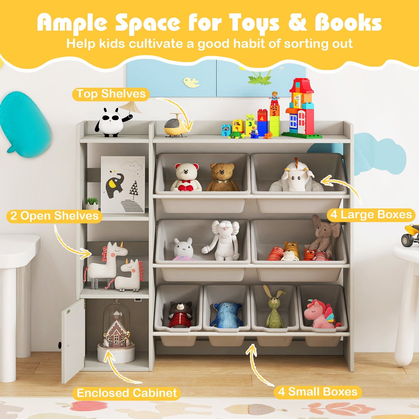 Kids Toy Storage and Bookshelf with Open Shelves and Single-door Cabinet, Gray Kids Storage at Gallery Canada