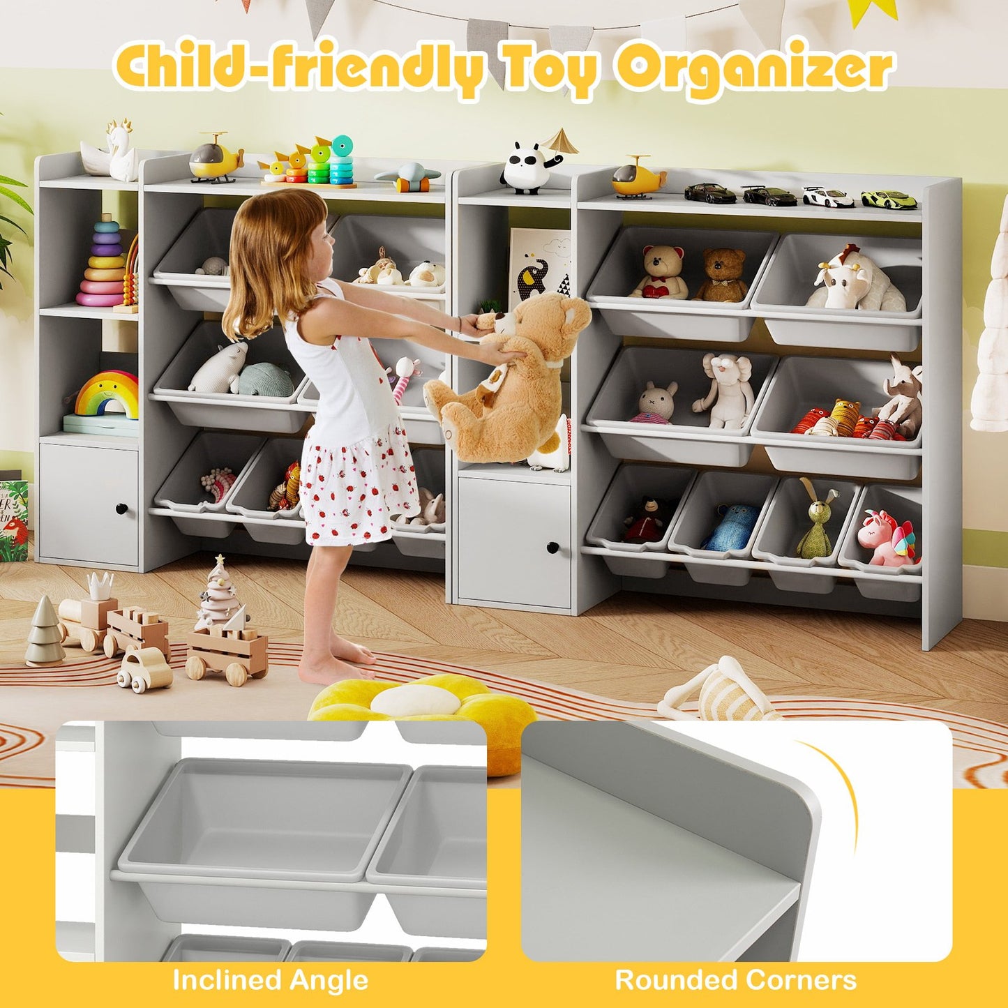 Kids Toy Storage and Bookshelf with Open Shelves and Single-door Cabinet, Gray Kids Storage at Gallery Canada
