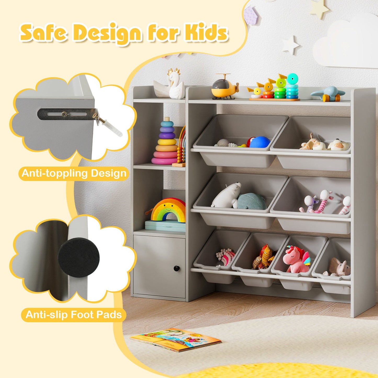 Kids Toy Storage and Bookshelf with Open Shelves and Single-door Cabinet, Gray Kids Storage at Gallery Canada