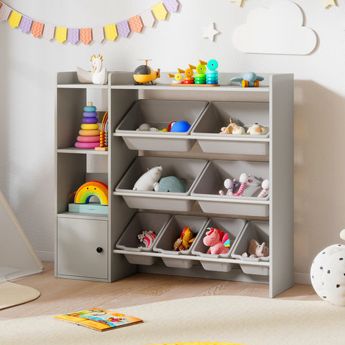 Kids Toy Storage Bookshelf, Open Shelves, Single-Door Cabinet, Gray