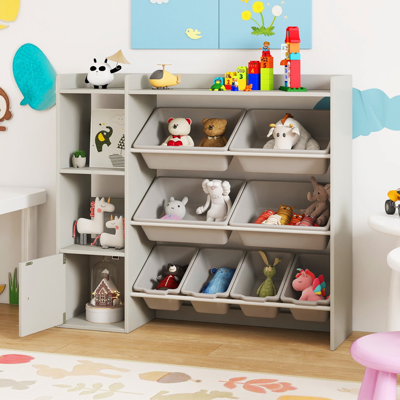 Kids Toy Storage Bookshelf, Open Shelves, Single-Door Cabinet, Gray Kids Storage at Gallery Canada