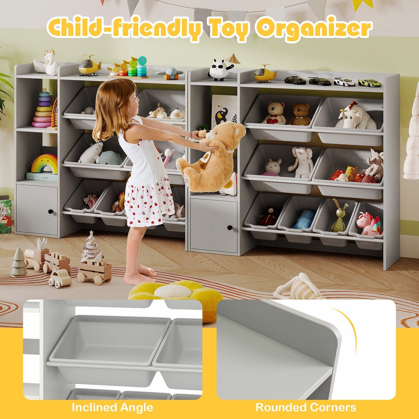 Kids Toy Storage Bookshelf, Open Shelves, Single-Door Cabinet, Gray Kids Storage at Gallery Canada