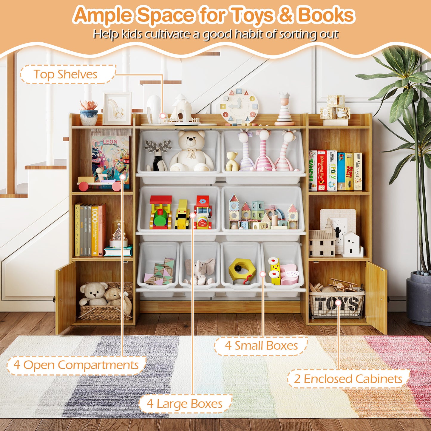 Kids Toy Storage and Bookshelf with Boxes and Open Shelves, Beige Kids Storage at Gallery Canada