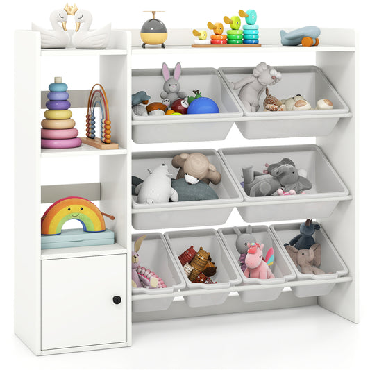 Kids Toy Storage and Bookshelf with Open Shelves and Single-door Cabinet, White