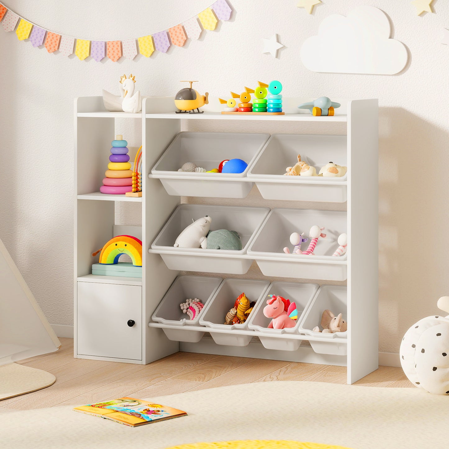 Kids Toy Storage and Bookshelf with Open Shelves and Single-door Cabinet, White Kids Storage at Gallery Canada