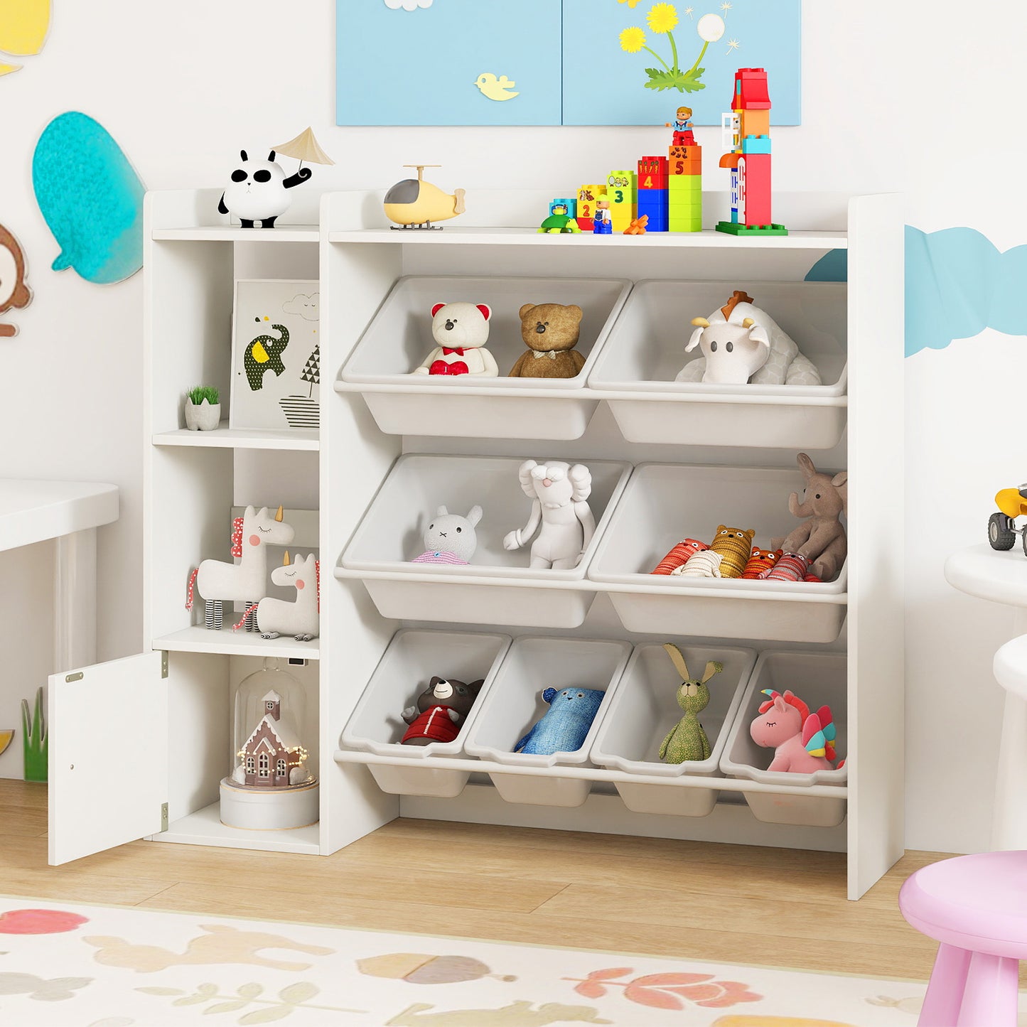 Kids Toy Storage and Bookshelf with Open Shelves and Single-door Cabinet, White Kids Storage at Gallery Canada