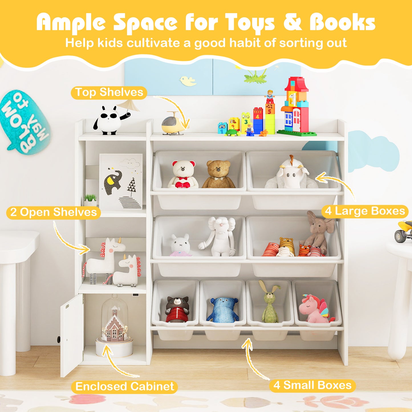 Kids Toy Storage and Bookshelf with Open Shelves and Single-door Cabinet, White Kids Storage at Gallery Canada