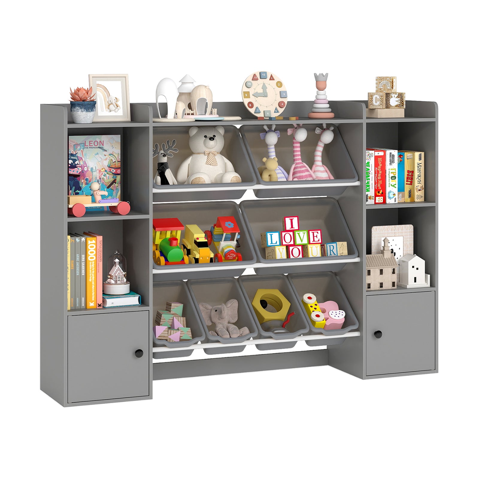 Kids Toy Storage and Bookshelf with Boxes and Open Shelves, Gray Kids Storage Gray at Gallery Canada