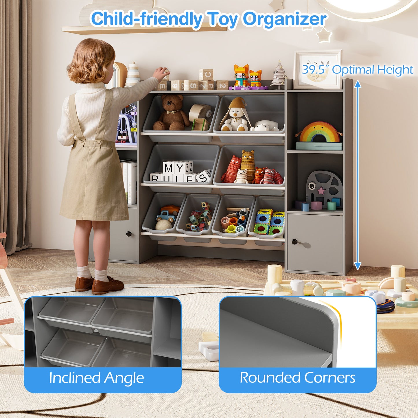 Kids Toy Storage and Bookshelf with Boxes and Open Shelves, Gray Kids Storage at Gallery Canada