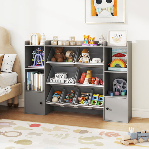 Kids Toy Storage and Bookshelf with Boxes and Open Shelves, Gray