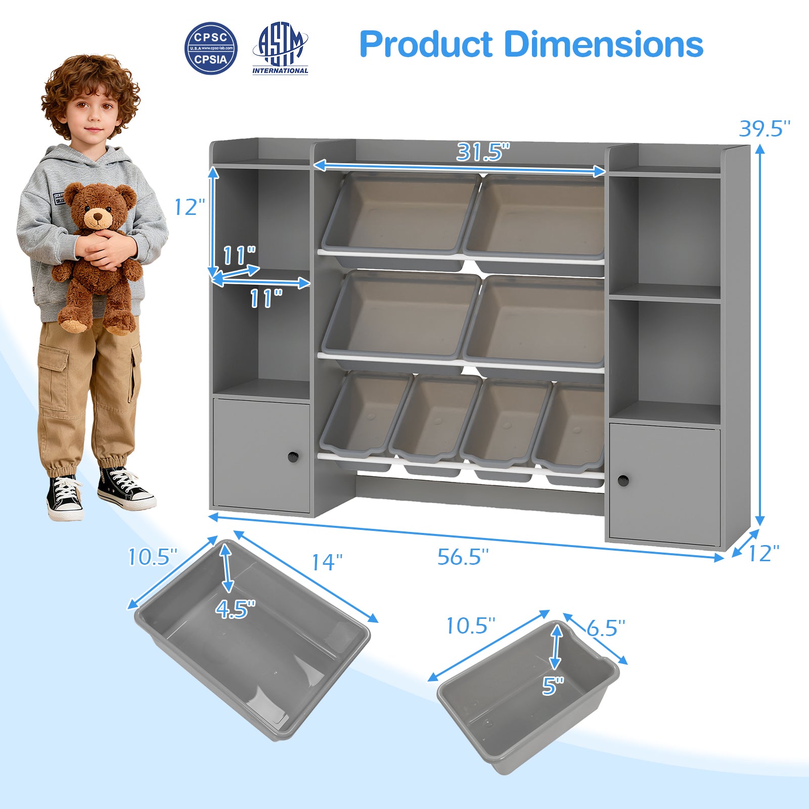 Kids Toy Storage and Bookshelf with Boxes and Open Shelves, Gray Kids Storage at Gallery Canada
