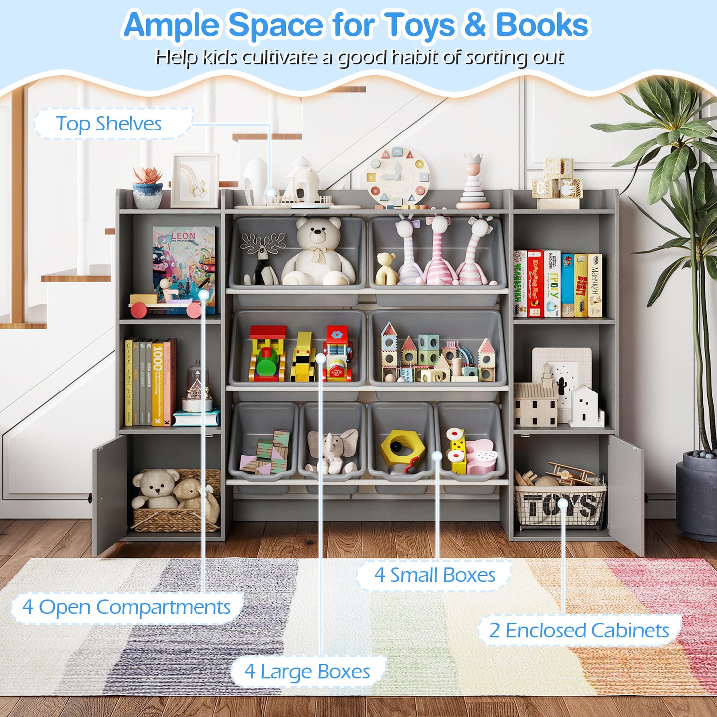 Kids Toy Storage and Bookshelf with Boxes and Open Shelves, Gray Kids Storage at Gallery Canada