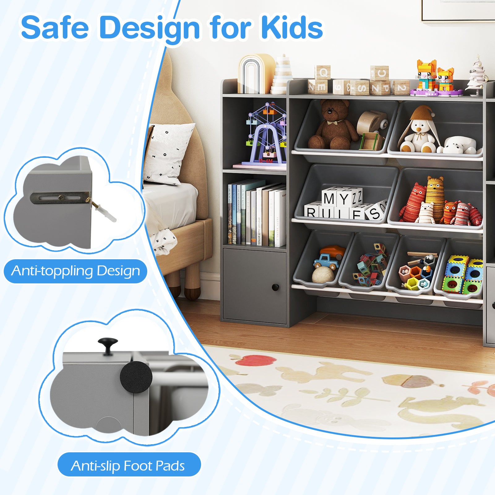 Kids Toy Storage and Bookshelf with Boxes and Open Shelves, Gray Kids Storage at Gallery Canada