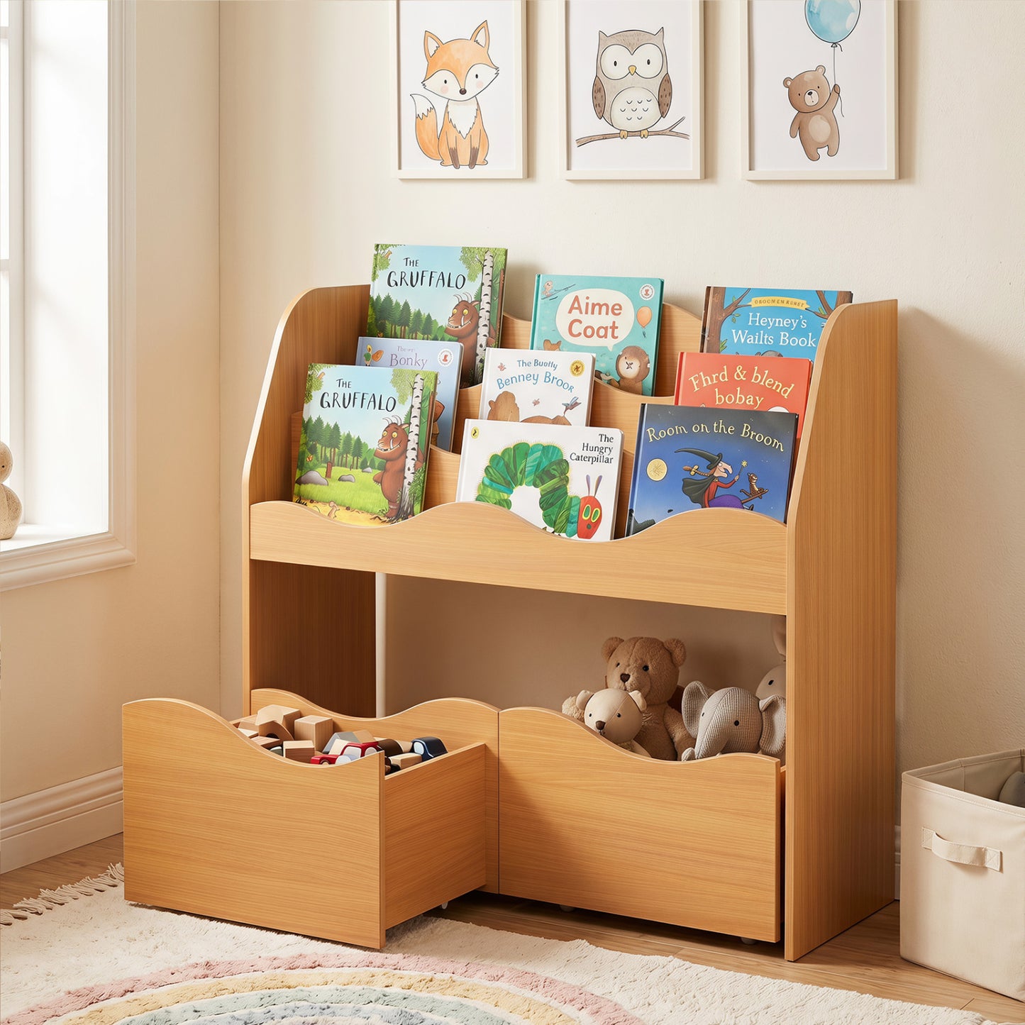 Kids Wooden Toy Storage Organizer, 2 Rolling Drawers, Natural