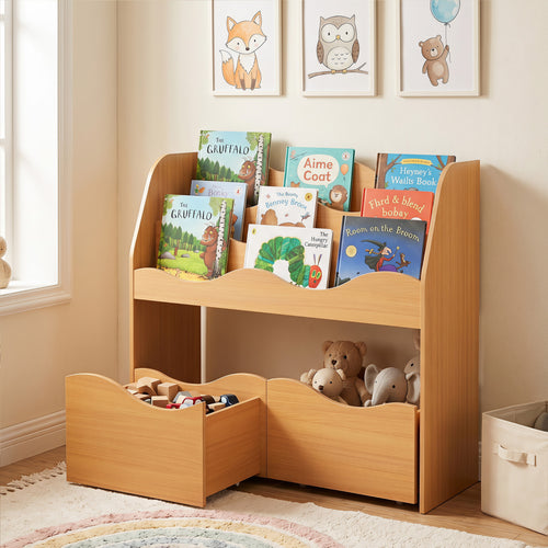 Kids Wooden Toy Storage Organizer, 2 Rolling Drawers, Natural