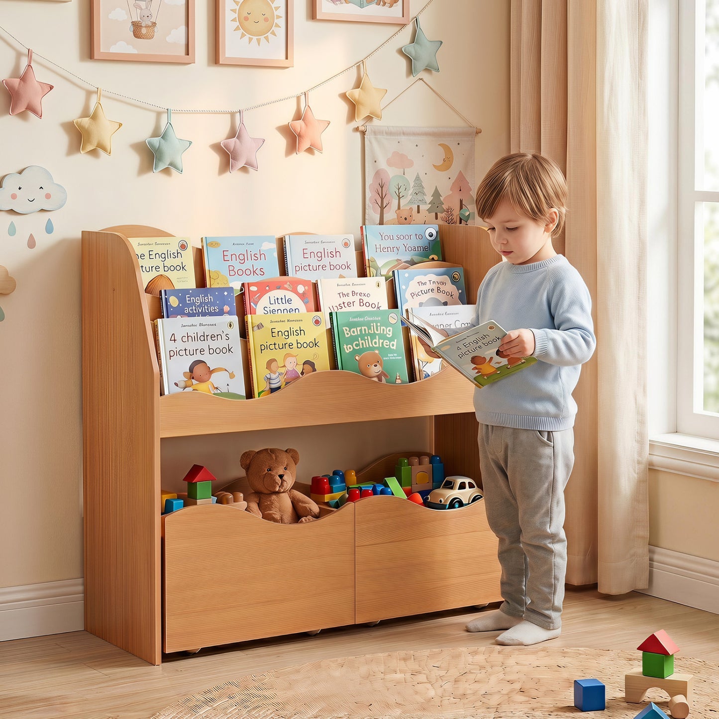 Kids Wooden Toy Storage Organizer, 2 Rolling Drawers, Natural