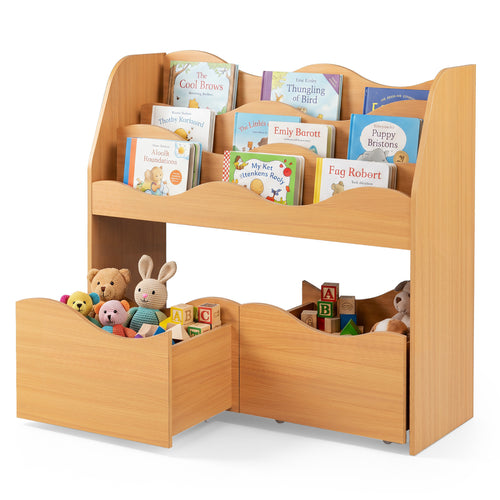 Kids Wooden Toy Storage Organizer, 2 Rolling Drawers, Natural