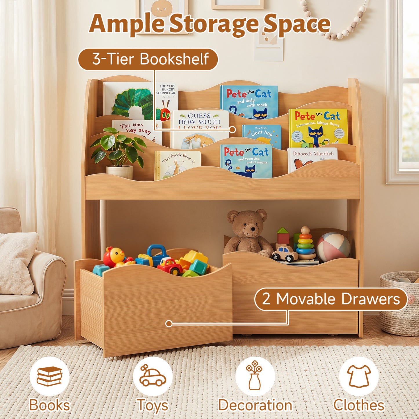 Kids Wooden Toy Storage Organizer, 2 Rolling Drawers, Natural