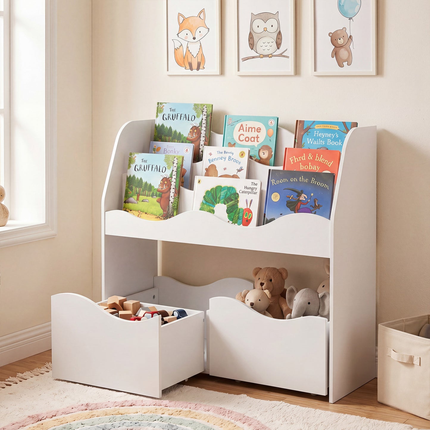 Kids Wooden Toy Storage Organizer, 2 Rolling Drawers, White