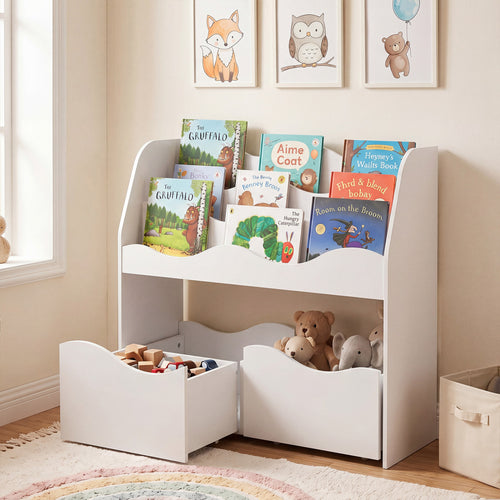 Kids Wooden Toy Storage Organizer, 2 Rolling Drawers, White