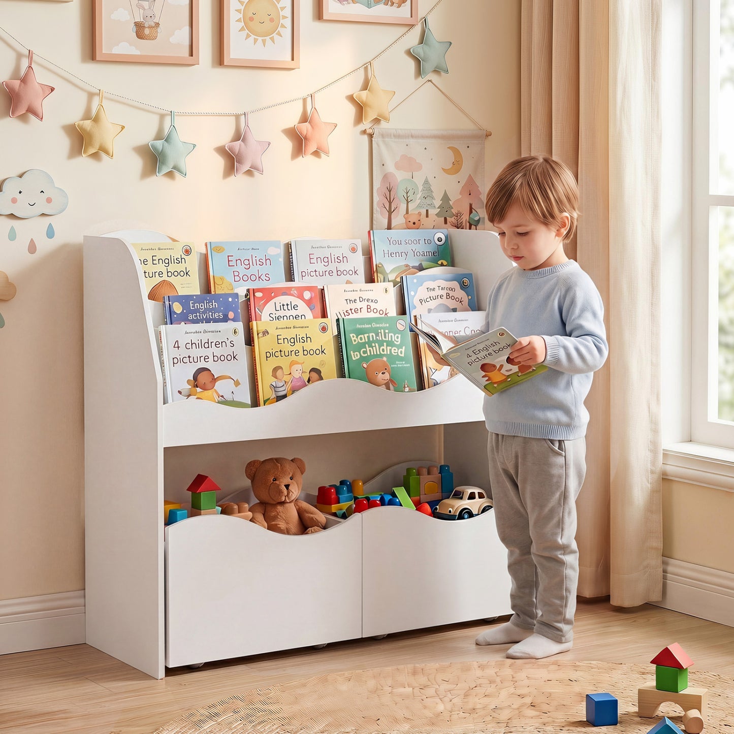 Kids Wooden Toy Storage Organizer, 2 Rolling Drawers, White