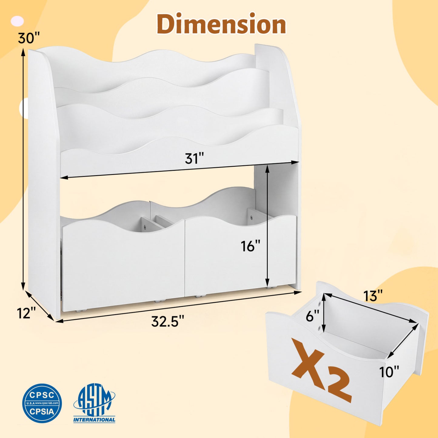 Kids Wooden Toy Storage Organizer, 2 Rolling Drawers, White