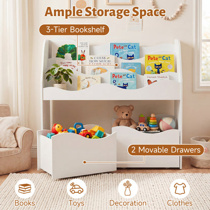 Kids Wooden Toy Storage Organizer, 2 Rolling Drawers, White