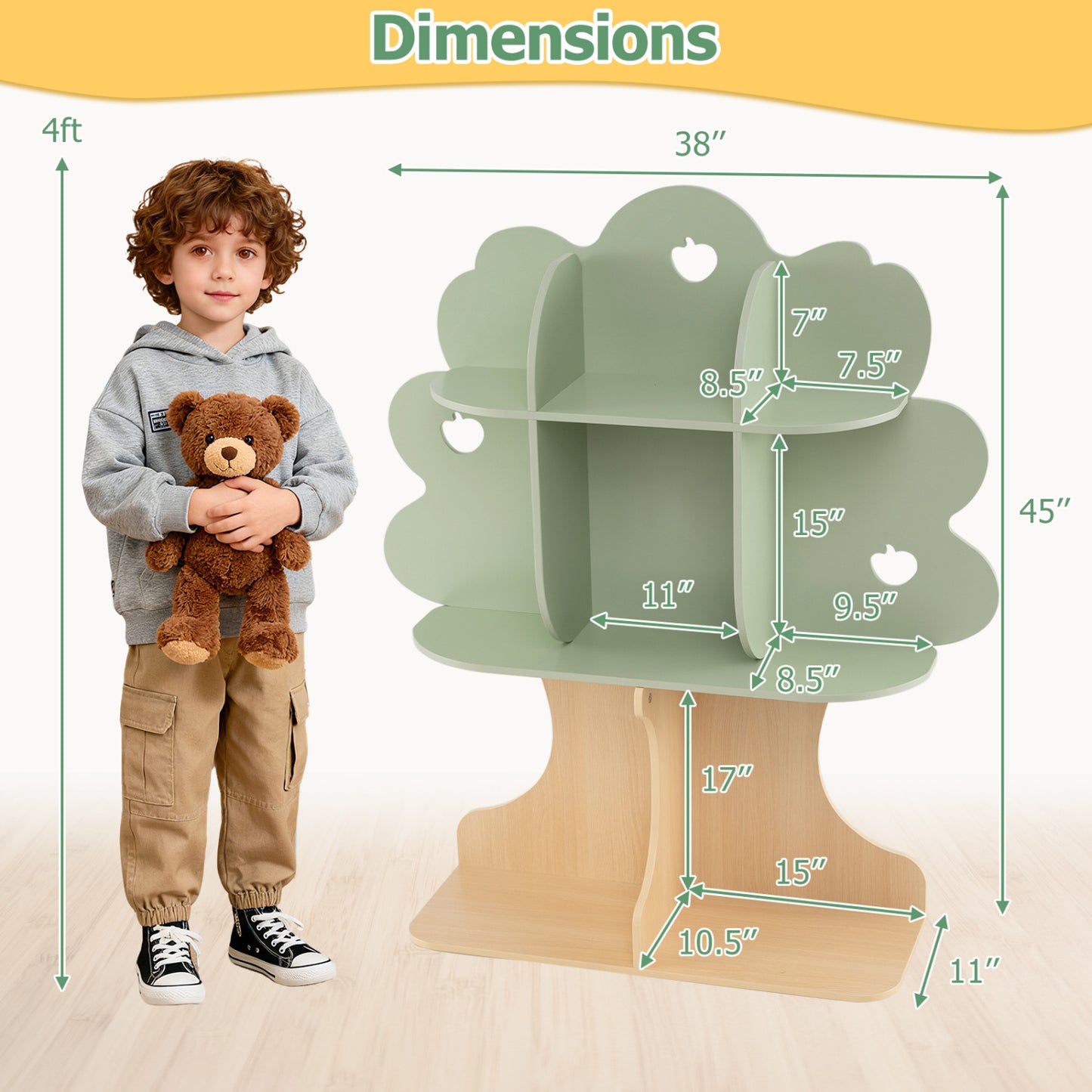 Kids Tree Bookshelf, 45" Tall, Freestanding Bookcase, Green Kids Storage at Gallery Canada