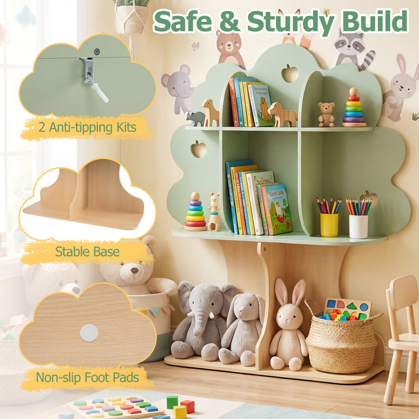 Kids Tree Bookshelf, 45" Tall, Freestanding Bookcase, Green Kids Storage at Gallery Canada