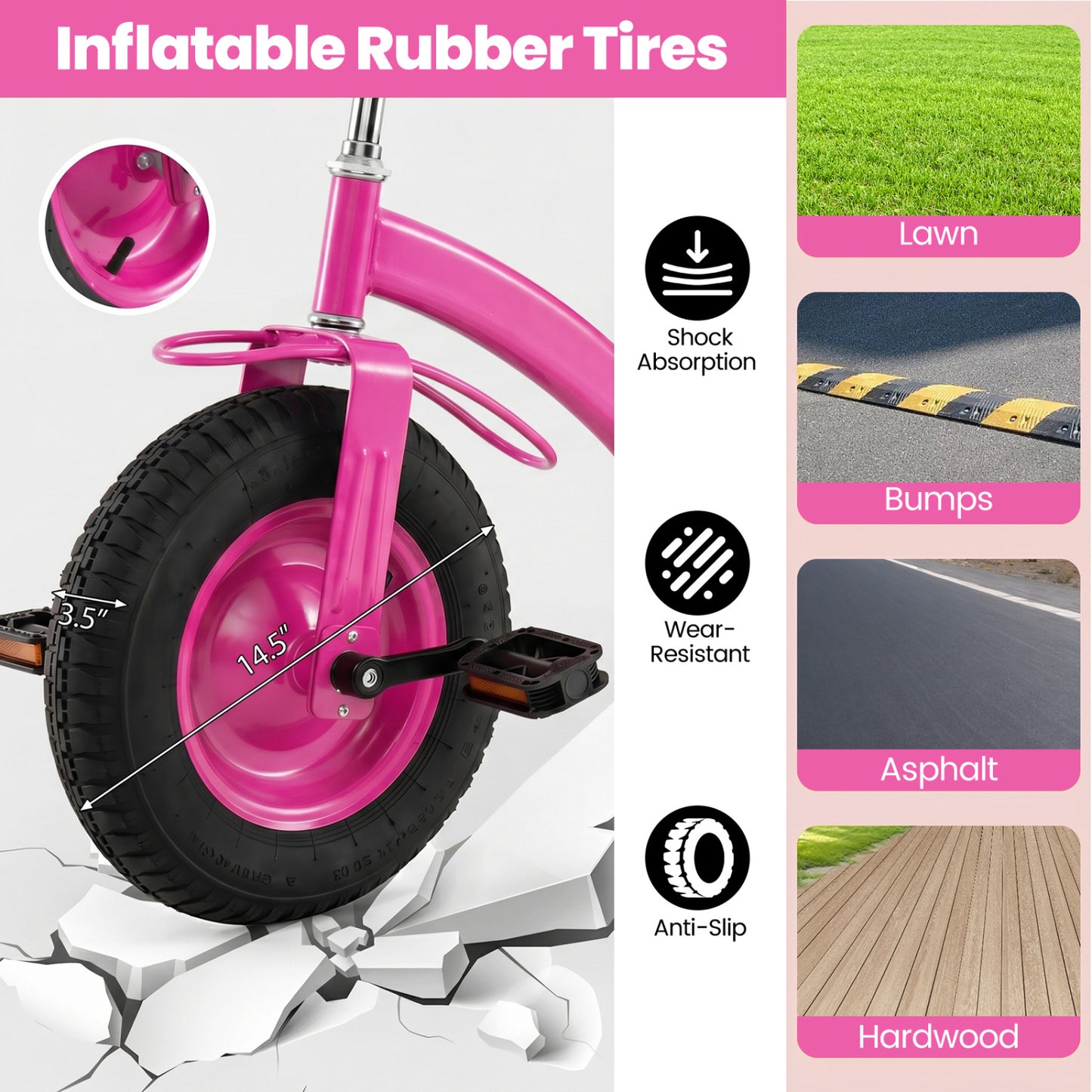Kids Tricycle with 15 Inch Inflatable Rubber Tires , Pink Kids Bike at Gallery Canada