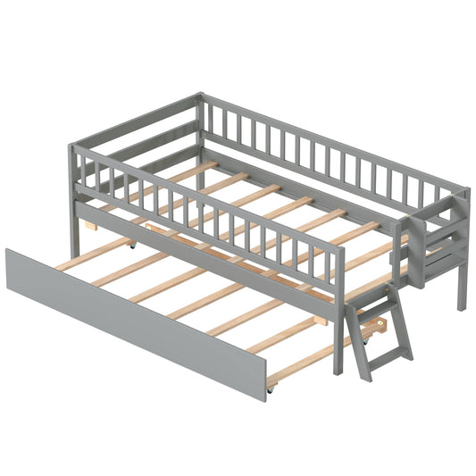 Twin Size Bed with Trundle, Bookshelf, Ladder, 15 Plywood Slats, Gray Toddler Beds Gray at Gallery Canada